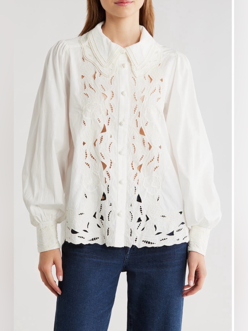 FARM Rio Embroidered Eyelet Puff Sleeve Button-up NWT šÆ Cotton